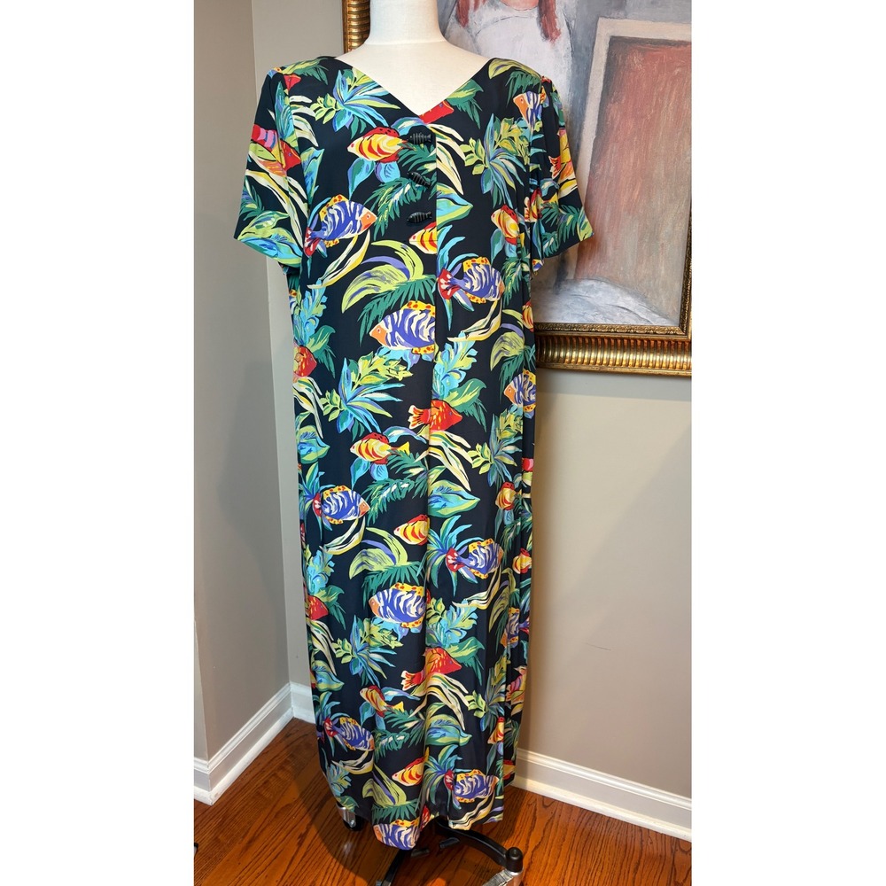 Maggy London Woman Vintage 100% Silk Tropical Fish Maxi Dress Black Size 18